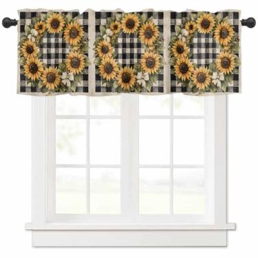 Imagem de Cortina de girassol vintage preto e branco buffalo, xadrez, cortinas curtas, tratamento de janela para cozinha, preto e branco, para banheiro, sala de estar, 137 cm L x 45 cm C