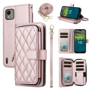 Imagem de Furiet Argyle Capa carteira para Nokia C110 com alça de ombro, 9+ compartimentos para cartão com zíper bolsa de couro PU de luxo capa de celular xadrez para C 110 4G N156DL mulheres meninas ouro rosa