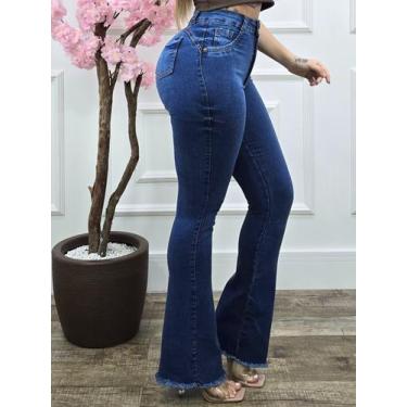 Imagem de Calça Jeans Feminina Flare Cintura Alta Cós Alto Lycra Elastano Levant