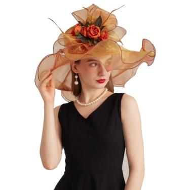 Imagem de ORIDOOR Chapéus femininos com faixa de cabelo Organza Fascinator Church Hat floral Tea Party Wedding Hat, Ouro laranja 005, tamanho �nico