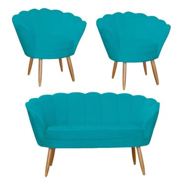 Imagem de Combo Pétala Namoradeira e 2 Poltronas Decorativa Estofada Suede Azul Turquesa - dl Decor