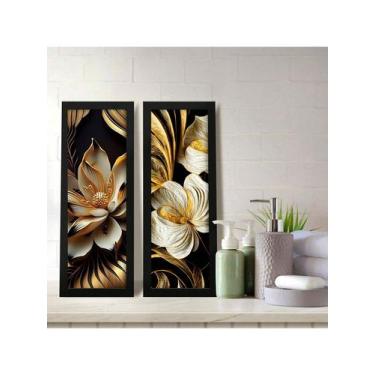 Imagem de Kit 2 Quadros Decorativos Banheiro Lavabo Floral Preto Branco e Dourad