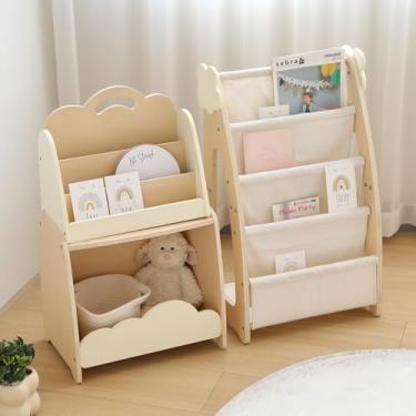 Imagem de Estante infantil com armazenamento, organizador modular de madeira de 3 peças para berçário, quarto, sala de jogos, fácil montagem, prateleira de canto para livros e brinquedos, design de madeira