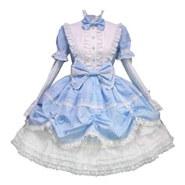Imagem de Vestidos góticos vintage para mulheres patchwork laço lolita vestido cosplay festa medieval M azul