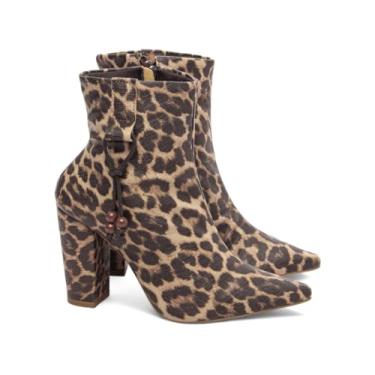 Imagem de Bota Feminina Cano Curto, Estampa de Onça, Salto Alto Grosso, Zíper Lateral