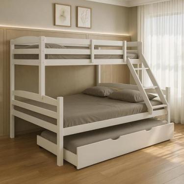 Imagem de Treliche Casal De Madeira Com Cama Auxiliar De Solteiro branco - Fabri