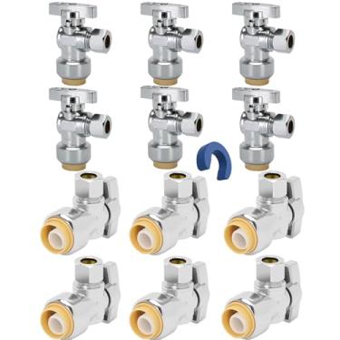 Imagem de Válvula de parada de ângulo de ajuste push 12 peças 1/5.1 cm x 3/20.3 cm - Válvula de desligamento de água de latão sem chumbo com tecnologia de compressão Push to Connect para encanamento de pia/vaso