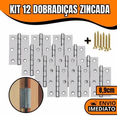 Imagem de Kit 12 Dobradiças Zincada Para Porta De Madeira 8,9cm - Orion