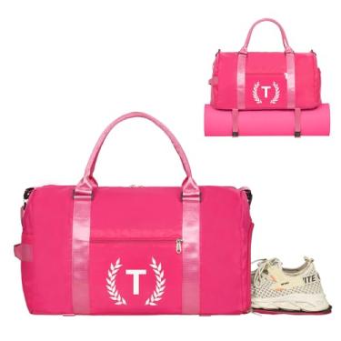 Imagem de Bolsa de ginástica para mulheres, bolsa esportiva personalizada com compartimento para sapatos, bolsa esportiva para ioga e dança com bolso molhado e alça de tapete., Rosa choque, T