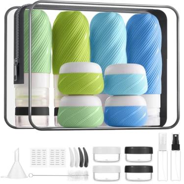 Imagem de Conjunto de 23 frascos de viagem, produtos de higiene pessoal aprovados pela TSA, silicone à prova de vazamento, recipientes espremíveis de 85 g, frascos de creme de 28 g para produtos de higiene