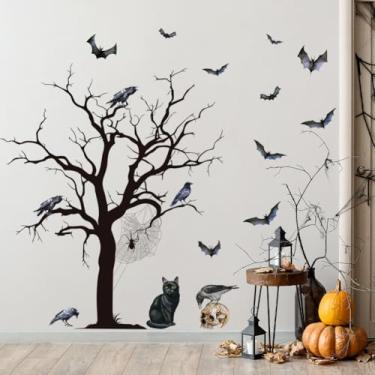 Imagem de Adesivos de parede de árvore de terror de Halloween assustador gótico preto morcego gato adesivo de parede papel de parede de Halloween descascar e colar decalque de arte de parede removível para