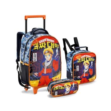 Imagem de Kit Mochila Escolar Rodinha Carrinho Geek University Lancheira + Estojo
