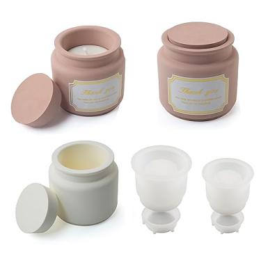 Imagem de LSLEVA Caixa de armazenamento com tampas, conjunto de moldes de pote de velas, moldes criativos de vasos de vela de silicone, listras redondas de concreto com tampa moldes para fabricação de garrafas para suporte de vela de armazenamento (K-2 peças)