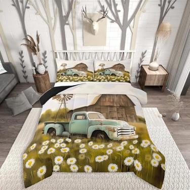 Imagem de Erosebridal Conjunto de edredom rústico rústico com estampa de moinho de vento estilo moinho de vento para casa de fazenda rústico e margarida (verde, branco, tamanho solteiro)