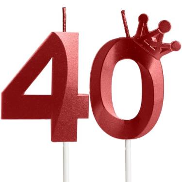 Imagem de Velas de aniversário de 40 anos para bolo, número 40 velas vermelhas com coroa, design 3D, enfeite de bolo de aniversário para mulheres, homens, festas de aniversário, casamento, celebração