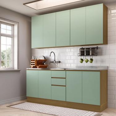 Imagem de Cozinha Compacta 4 Pçs Tampo 200cm Slim Luciane Móveis Freijó/verde Jade