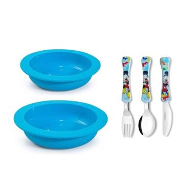 Imagem de Pratos e Talheres Bebe Infantil Silicone Azul Criança Kids Mickey - CA