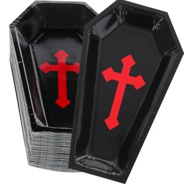 Imagem de Hsei 200 peças de pratos de papel de Halloween, pratos de papel de caixão, utensílios de mesa assustadores, caixão de Halloween, bandeja de lanche, prato descartável para aperitivo, almoço, jantar
