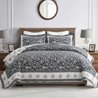 Imagem de FineStichery Conjunto de colcha King 100% algodão, colchas king size com fronhas, padrão de videira botânica, leve e acolchoado, macio, conjunto de cama de fazenda preto/branco