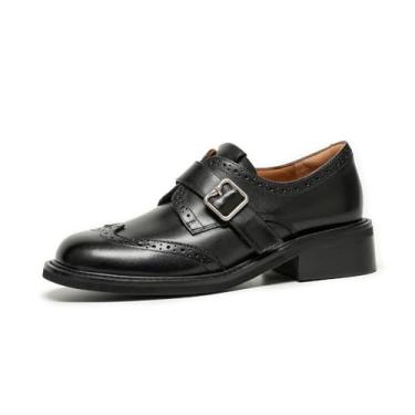 Imagem de BEAU TODAY Mocassins de couro para mulheres, oxfords grossos com ponta de asa, sapatos Oxford de negócios com alça de monge, sapatos Oxford de salto médio elegantes casuais para negócios, Preto, 37