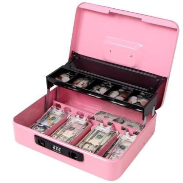 Imagem de Jssmst Caixa de dinheiro com trava de segurança com tampa de moeda, 29 cm C x 24 cm L x 9,5 cm A, cofre para trava com trava de combinação, rosa