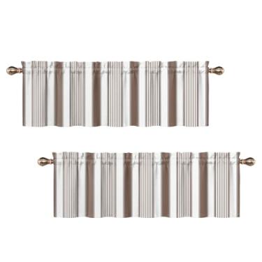 Imagem de Uiiooazy Sanefas listradas para janelas, listras marrons brancas e cinzas, sanefa de cozinha para quarto, sala de estar, banheiro, tratamentos geométricos de janela pequena, 2 painéis 132 x 45 cm