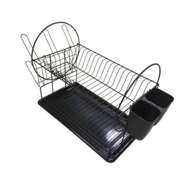Imagem de Generic Escorredor de pratos de 2 níveis, multifuncional, com porta-talheres e porta-copos para de cozinha e casa, Preto