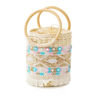 Imagem de Bolsa de praia, sacola feminina, boêmia cilíndrica, bolsa de palha, bolsa de tecido feita à mão para mulheres, férias, viagem, combinação diária