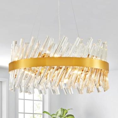 Imagem de Saint Mossi Lustres modernos para sala de jantar, luminária suspensa de 8 luzes para sala de estar, ilha de cozinha, tubo de vidro transparente com moldura dourada, D19xW19xH19