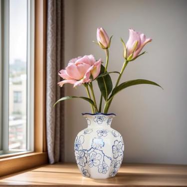 Imagem de Vaso vintage azul e branco, vaso floral de cerâmica chinoiserie de 14 cm, porcelana retrô azul e branca para decoração de casa, sala de estar, estante de livros, escritório