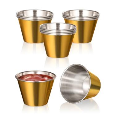 Imagem de Fit Meal Prep Pacote com 12 copos de molho dourados de aço inoxidável de 74 ml, ramequins de metal reutilizáveis, tigelas de condimento de grau comercial, copos de porção individual, copo redondo