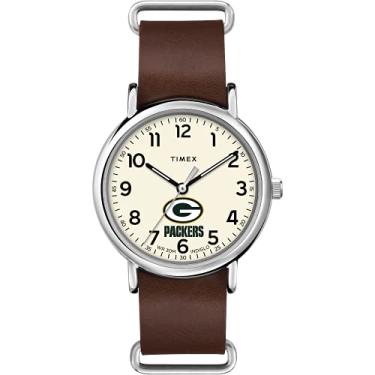 Imagem de Timex Tribute NFL Weekender Pulseira masculina de couro de quartzo de 40 mm, Green Bay Packers,