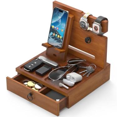 Imagem de Zaldia Estação de ancoragem de telefone de madeira, organizador de mesa de cabeceira com gaveta, organizador de mesa de cabeceira para relógio e acessórios, presentes de aniversário de aniversário de