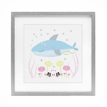 Imagem de Stupell Industries Baby Shark & Flowers Impressão emoldurada cinza sob vidro, design por Carla Daly, 40,6 x 40,6 cm