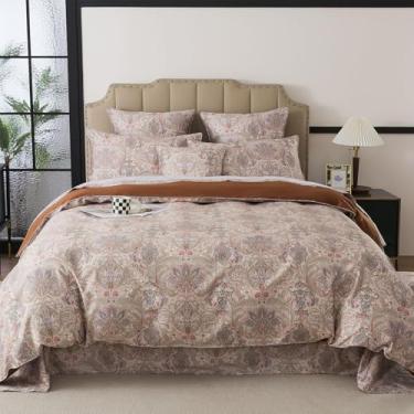 Imagem de FADFAY Conjunto de capa de edredom Queen de 3 peças, 100% algodão de fibra longa, estampa paisley marrom de inspiração vintage, roupa de cama reversível macia e nítida para conforto em todas as