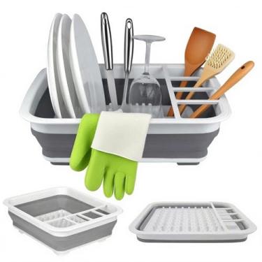 Imagem de WMDDIAN Escorredor de louça dobrável - Escorredor de pratos dobrável portátil com suporte de utensílios para cozinha, trailer, acampamento, espaços pequenos - Organização de armazenamento com economia