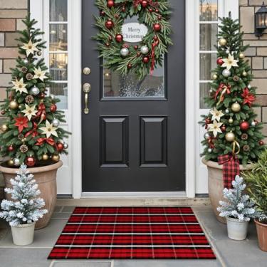 Imagem de Collive Tapete xadrez de búfalo para uso ao ar livre, tapete de porta para decoração de Natal, capacho de Natal vermelho e preto 2x3 lavável, tapete de porta da frente de algodão bem-vindo em camadas