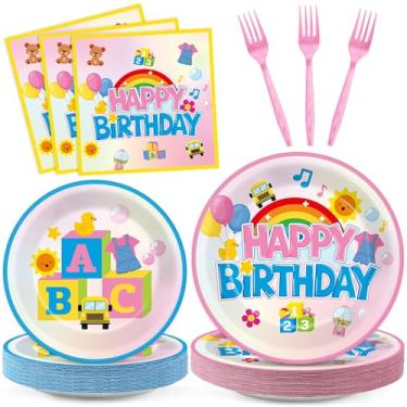 Imagem de 96 peças de decoração de festa de aniversário de desenho animado professor, pratos e guardanapos, feliz aniversário, arco-íris, conjunto de utensílios de mesa ABC para meninas, tema de desenho animado