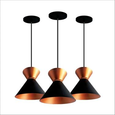 Imagem de Kit 3 Lustres Pendentes Luxo Rainha Preto Com Cobre Bicolor