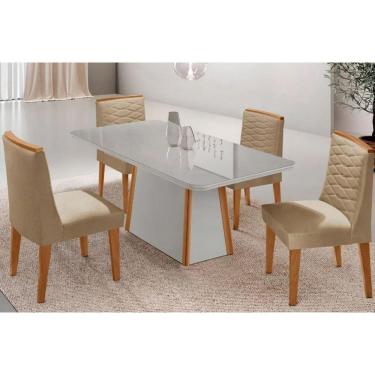 Imagem de Conjunto Sala de Jantar Tilia c/ Tampo Madeirado c/ Vidro Canto Curvo 120x80cm e 4 Cadeiras Maldivas Madeira Maciça Naturale/Off White - Capuccino/Lin