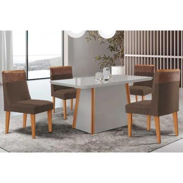 Imagem de Conjunto Sala de Jantar Tilia c/ Tampo Madeirado c/ Vidro Canto Curvo 120x80cm e 4 Cadeiras Jaspe Madeira Maciça Naturale/Off White - Capuccino/Suede 