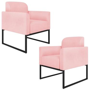 Imagem de Kit 2 Poltronas Decorativas Isabella Base Industrial Suede Rosa Bebê/Preto