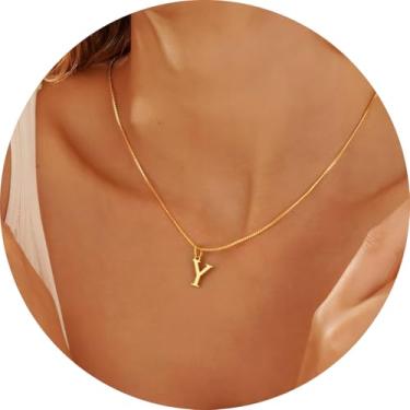 Imagem de Colar com inicial para mulheres, pingente de letra de aço inoxidável banhado a ouro 18K, bloco de A a Z, joia personalizada do alfabeto, 18+2in, Aço inoxidável, Sem Pedra Preciosa