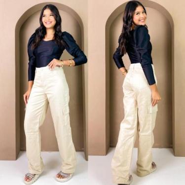 Imagem de Calça Bege Cargo Jeans Infanto Juvenil Feminina Bolsos Laterais Moda T