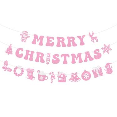 Imagem de JKQ Faixa rosa brilhante de Feliz Natal com árvore de Natal, Papai Noel, boneco de neve, placas de rena, rosa, Natal, inverno, férias, decorações de festa de aniversário para casa, parede, lareira