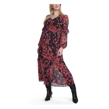 Imagem de Motherhood Maternity Vestido longo feminino de manga comprida com gola V em camadas com cordão, Floral festivo, G