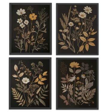 Imagem de 4 peças vintage Dark Cottagecore Academia Botanical Posters Prints, decoração de parede de flores florais de outono rústico, Dark Academia pintura de galeria estética decoração de parede (20 x 25 sem