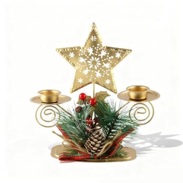 Imagem de Castiçais de luz de chá de Natal, bagas artificiais pinhas, folhas, castiçais, estrelas de Natal, mesa de metal, peça central para decorações de Natal