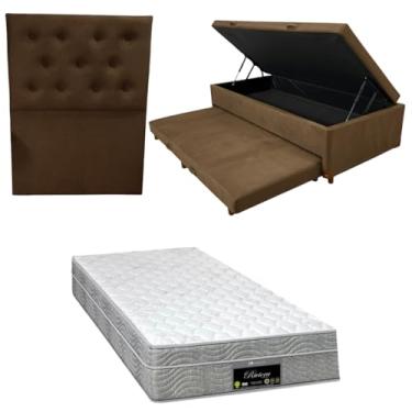 Imagem de Cama Box Baú Solteiro com Auxiliar (Bicama) + Colchão RivIera Molas Ensacadas 25cm | Kit Completo com Cabeceira Botonê Opcional | Diversas Cores (3, SUEDE MARROM, COM CABECEIRA)