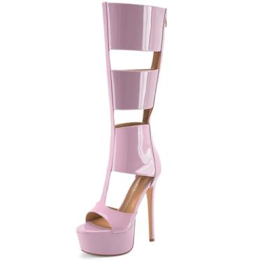 Imagem de Perisis Sandálias gladiadoras plataforma até o joelho para mulheres sexy aberto peep toe salto alto stiletto moda verão vestido festa dança botas com zíper, Patente rosa claro, 42